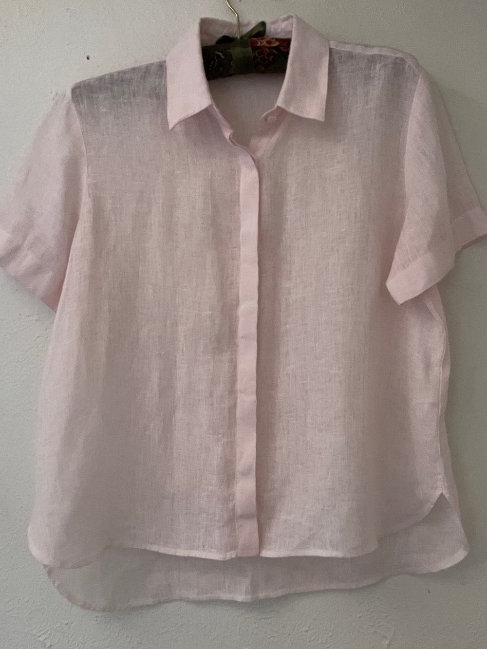 Ploumanac’h Italian Linen Button Up Blouse Pink High Low Hidden Placket S